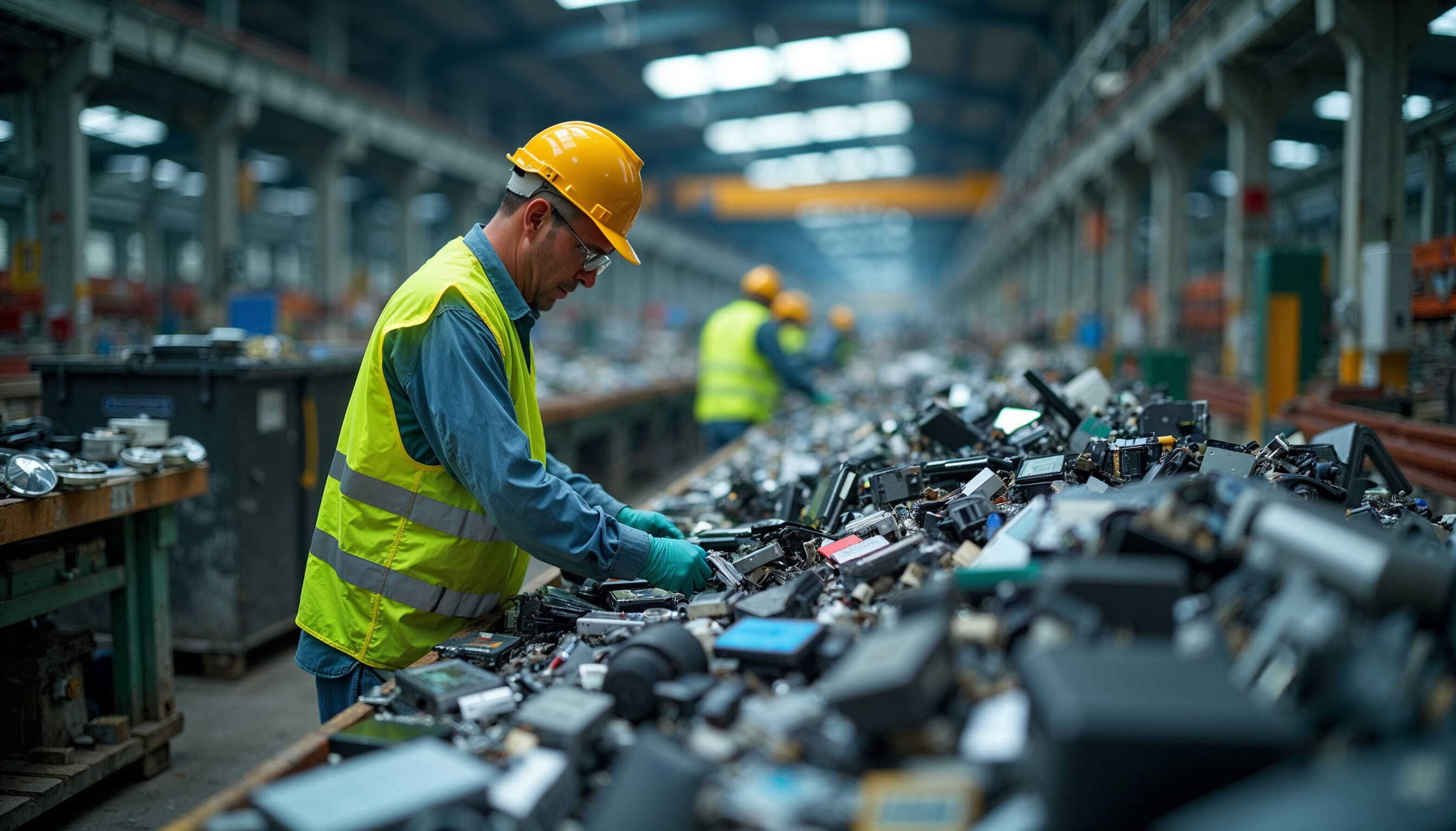 Man in hard hat and neon work vest sorting through electronics.