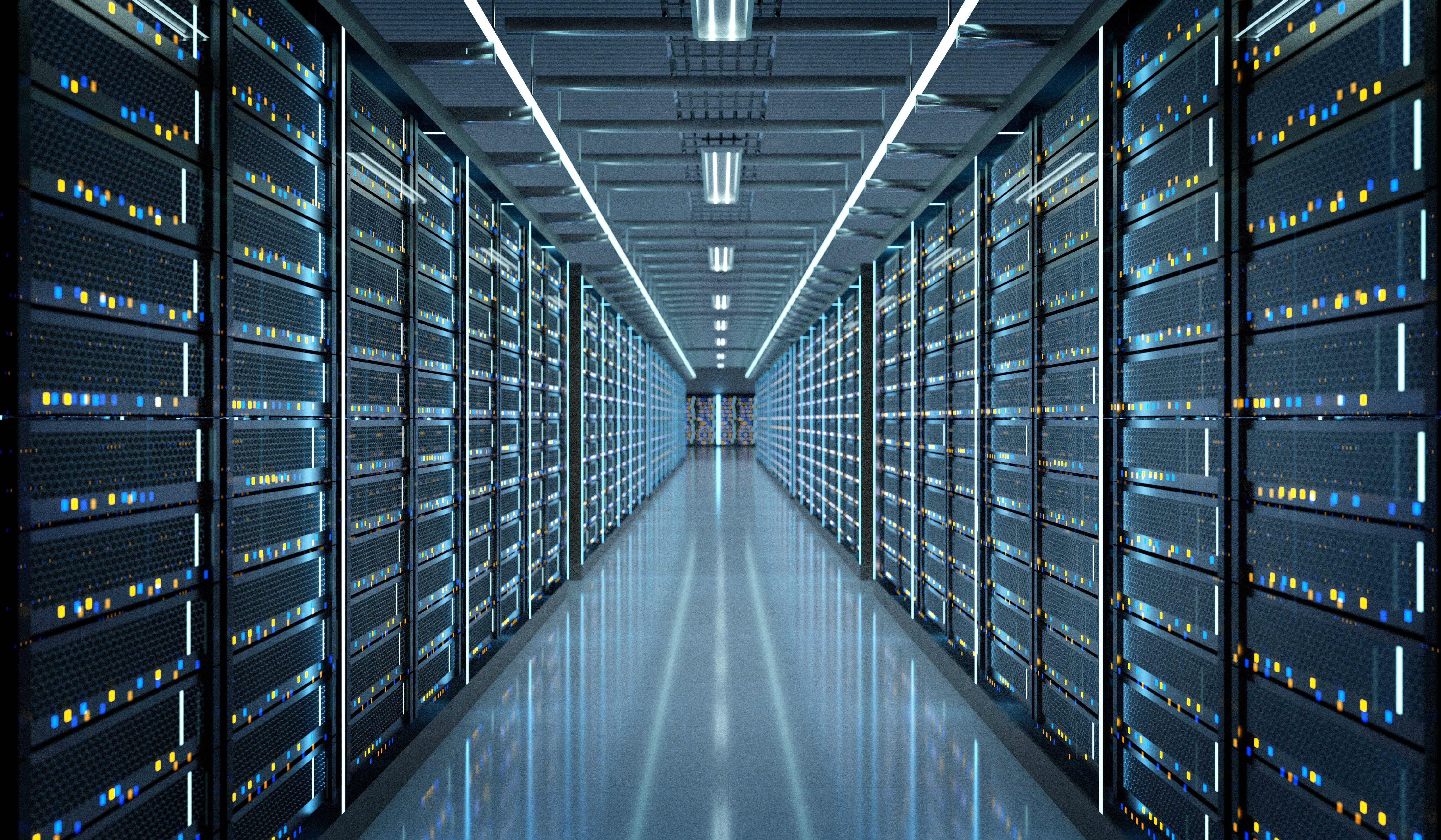 Long hallway of a data center.