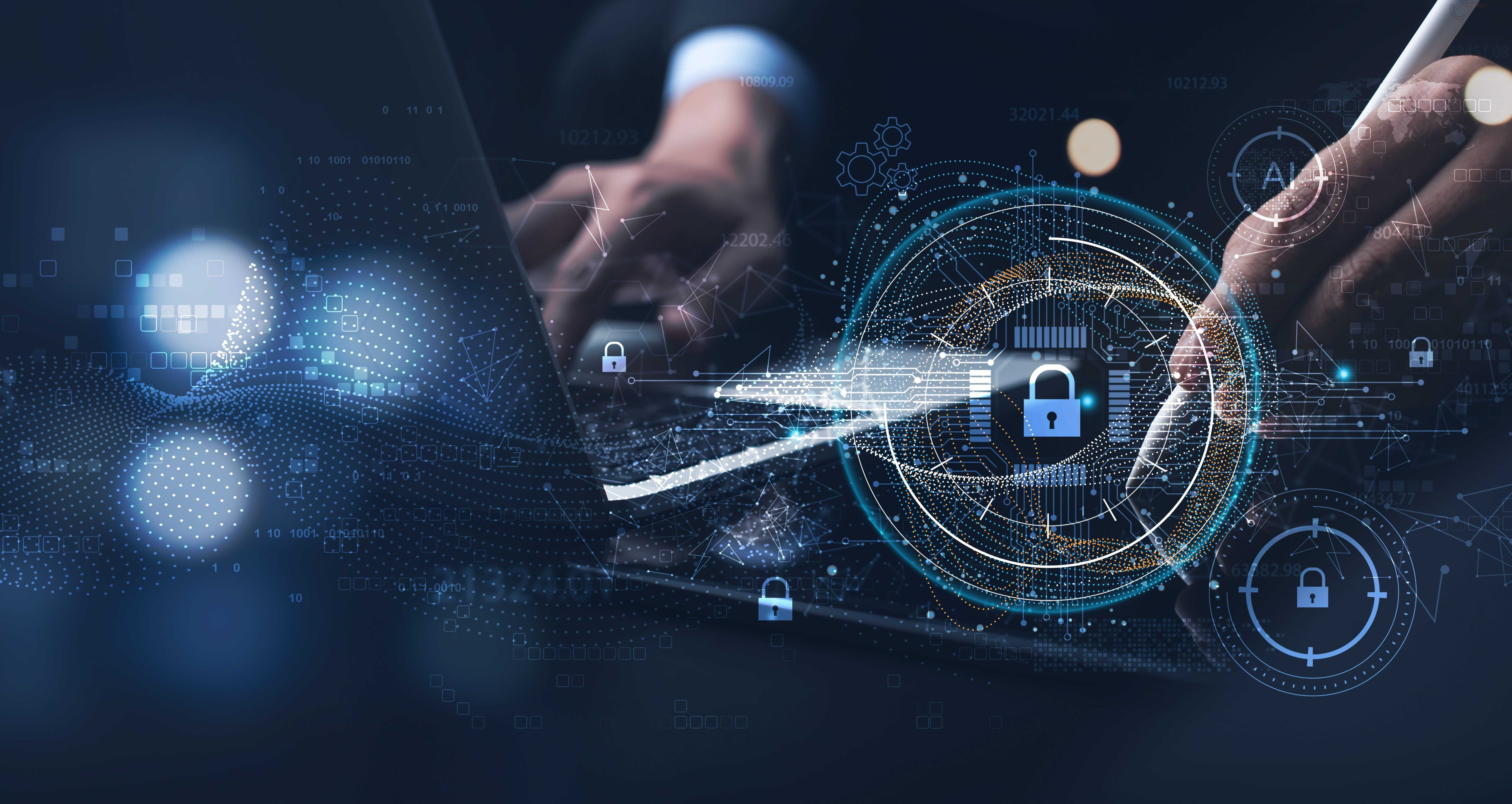 person on computer with a lock icon floating above it.